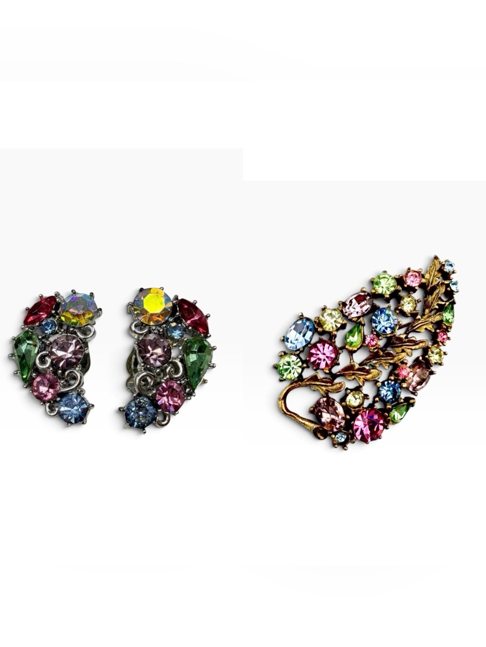 Vintage Lisner Fruit Salad Rhinestone Brooch & Clip Earrings Parure Set